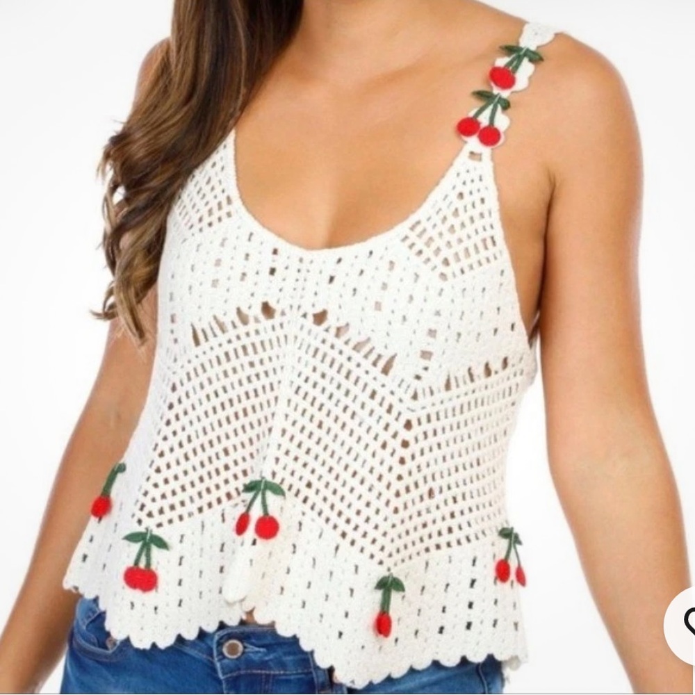 Rebellion Again crochet knit embroidered cherry tank top in ivory cotton M new